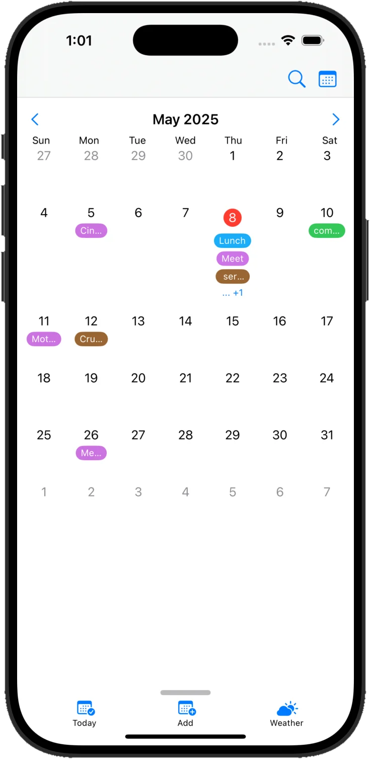 Månedsvisning i Cloud Calendars med en markering på hver optaget dag