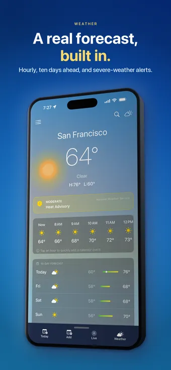 Weather view with hourly and daily forecasts